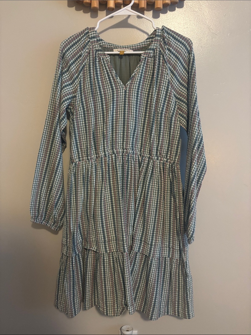 DownEast Green Plaid Long Sleeve Tiered Dress